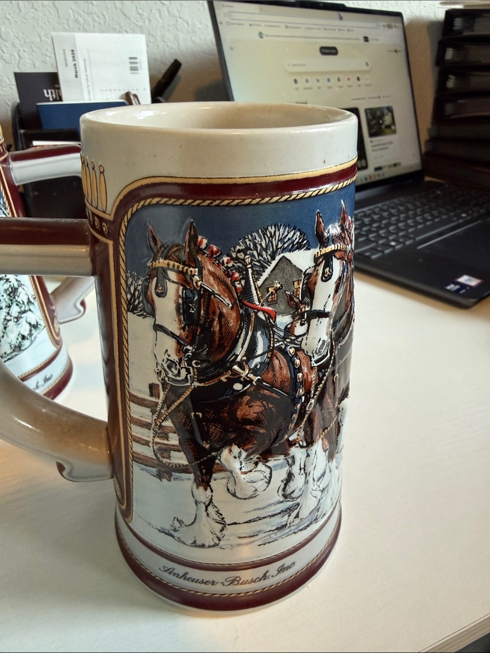 Holiday Clydesdale Ceramic Beer Stein - White and Blue - Picture 3 of 6
